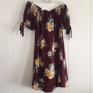 Burgundy and floral summer off the shoulder dress